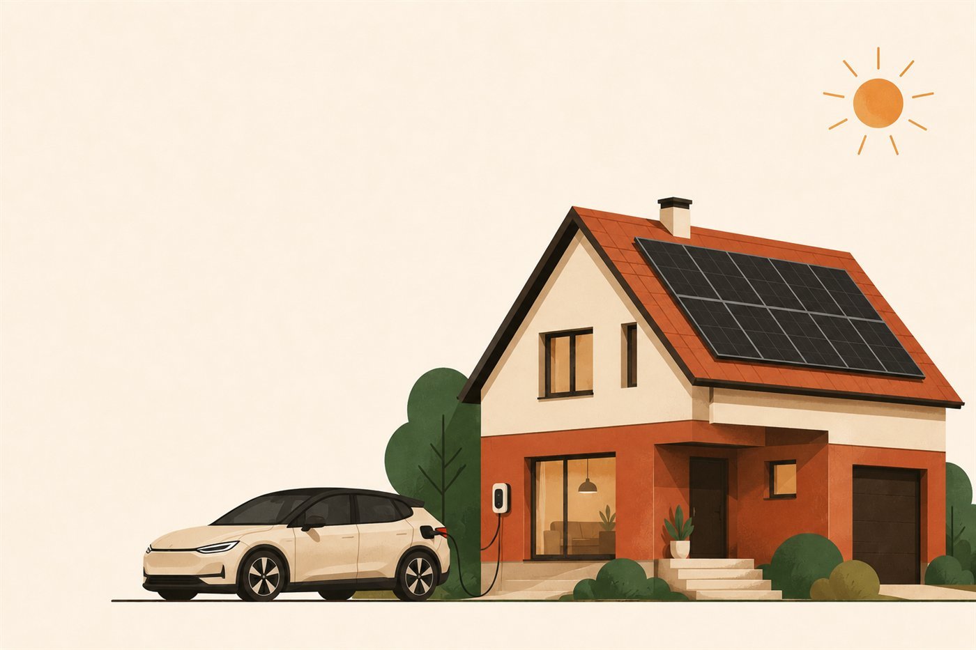 Voiture électrique stationnée devant une maison suisse avec panneaux solaires et borne de recharge